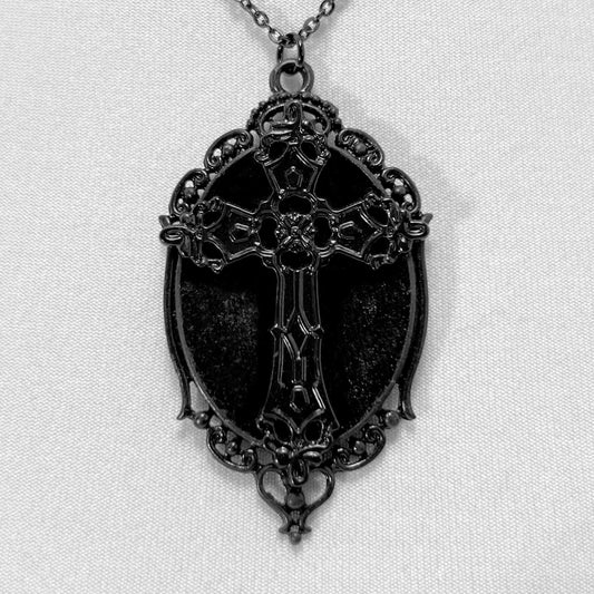 Black Gothic Cross on Black Velvet Necklace