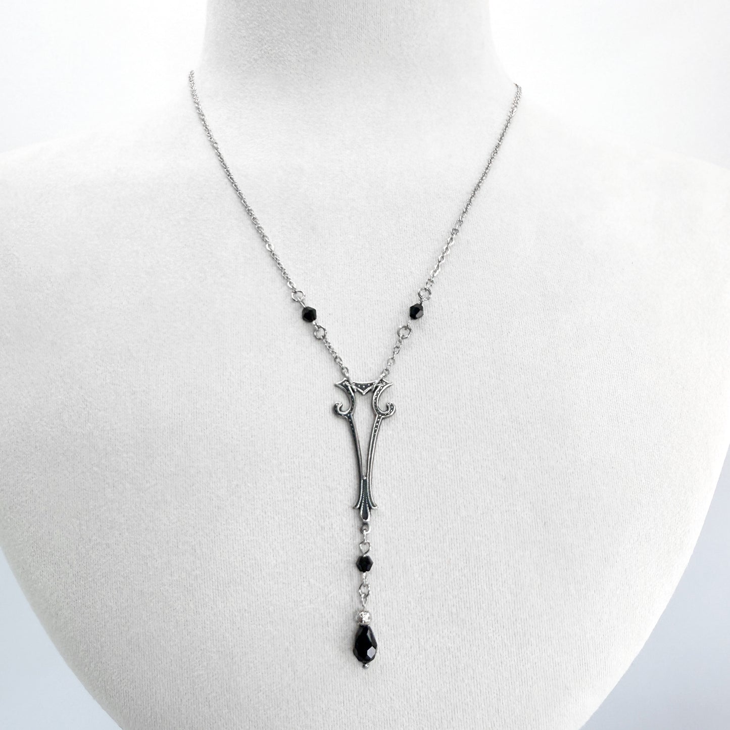 Silver Art Nouveau Charm with Black Beads and SIlver Chain Long Gothic Necklace