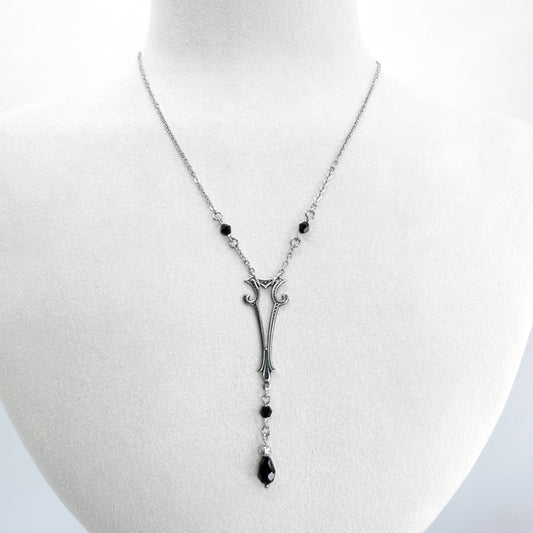 Silver Art Nouveau Charm with Black Beads and SIlver Chain Long Gothic Necklace