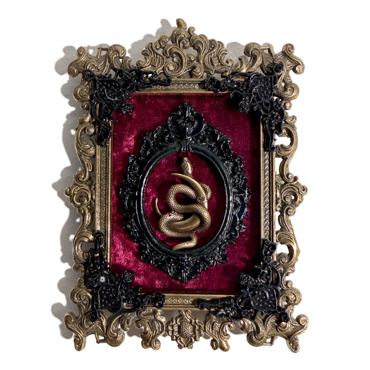 Snake and Crescent Moon on Burgundy Velvet Antique Framed Home Deco