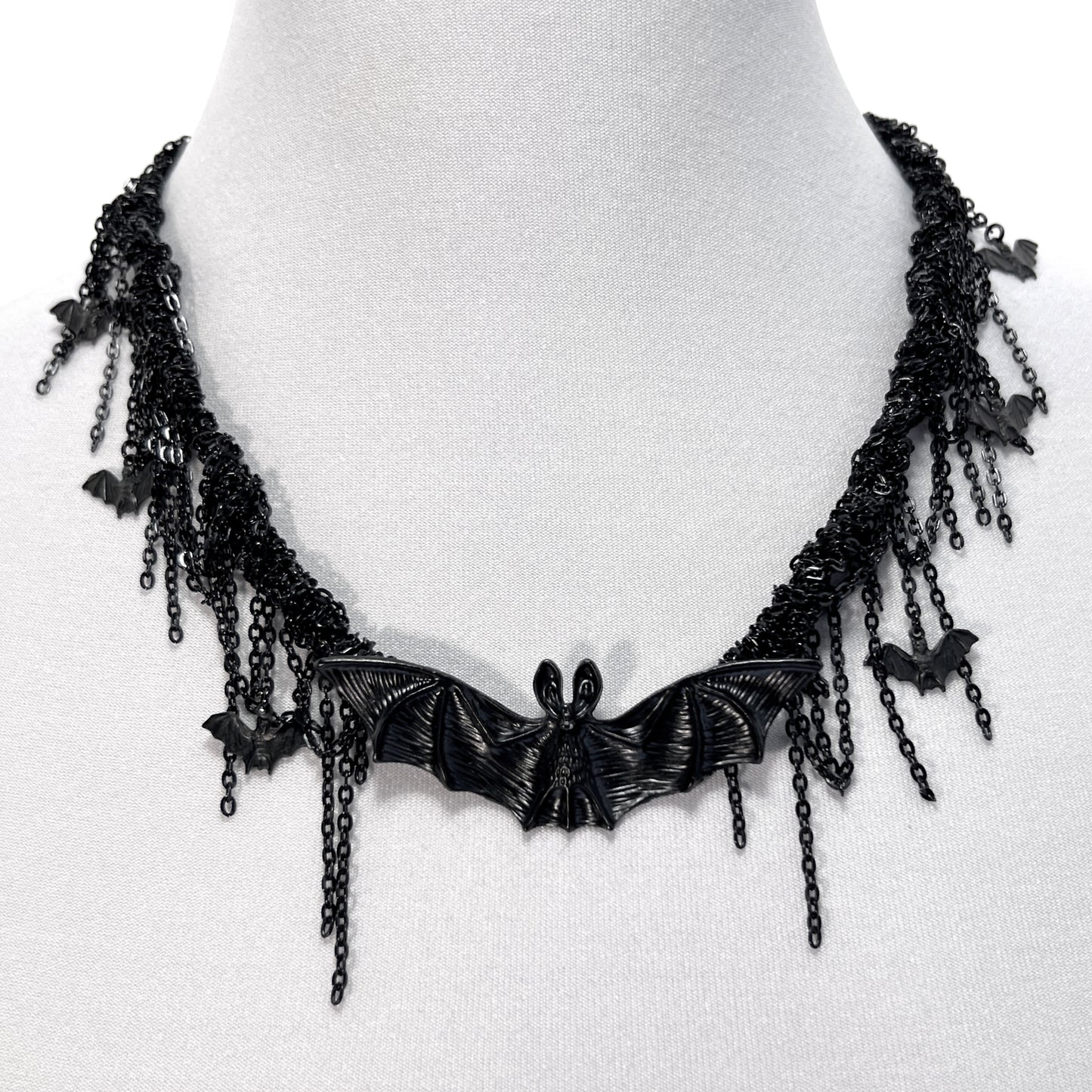 Black Woven Chain with Large Bat Gothic Necklace