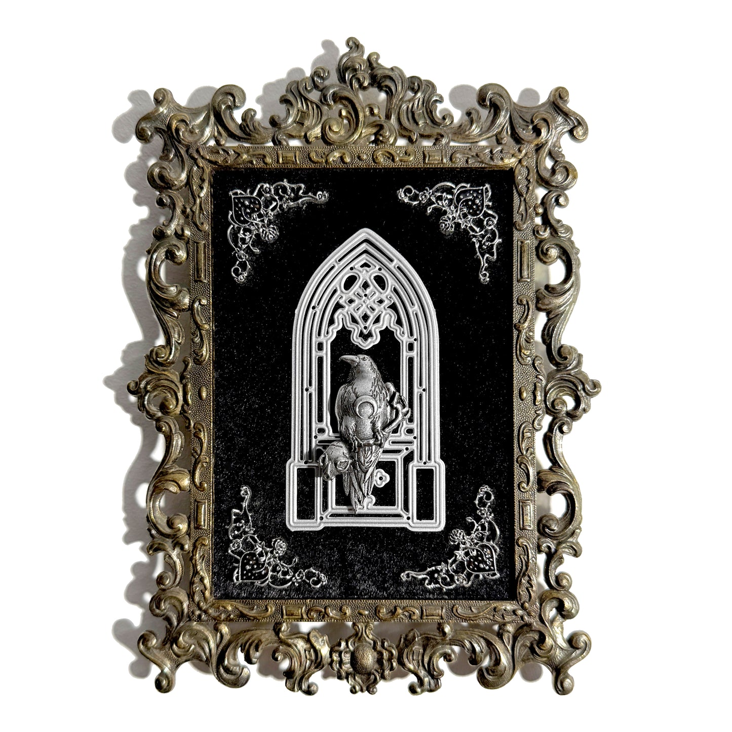 Raven in a Cathedral Window on Black Velvet Antique Framed Home Deco