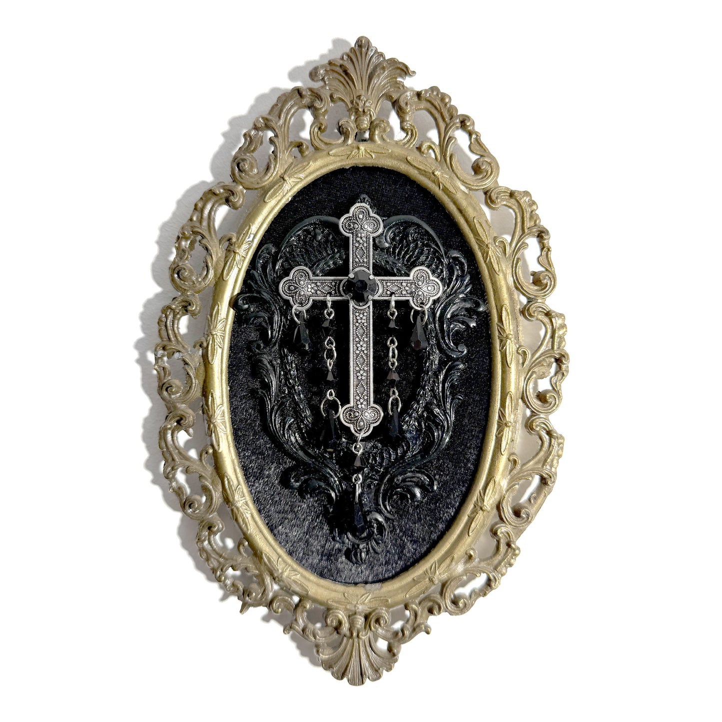 Large Gothic Silver Cross on Black Velvet Antique Framed Home Deco