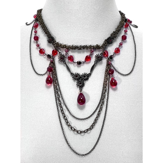 Brass and Vintage Red Beaded Chain Necklace