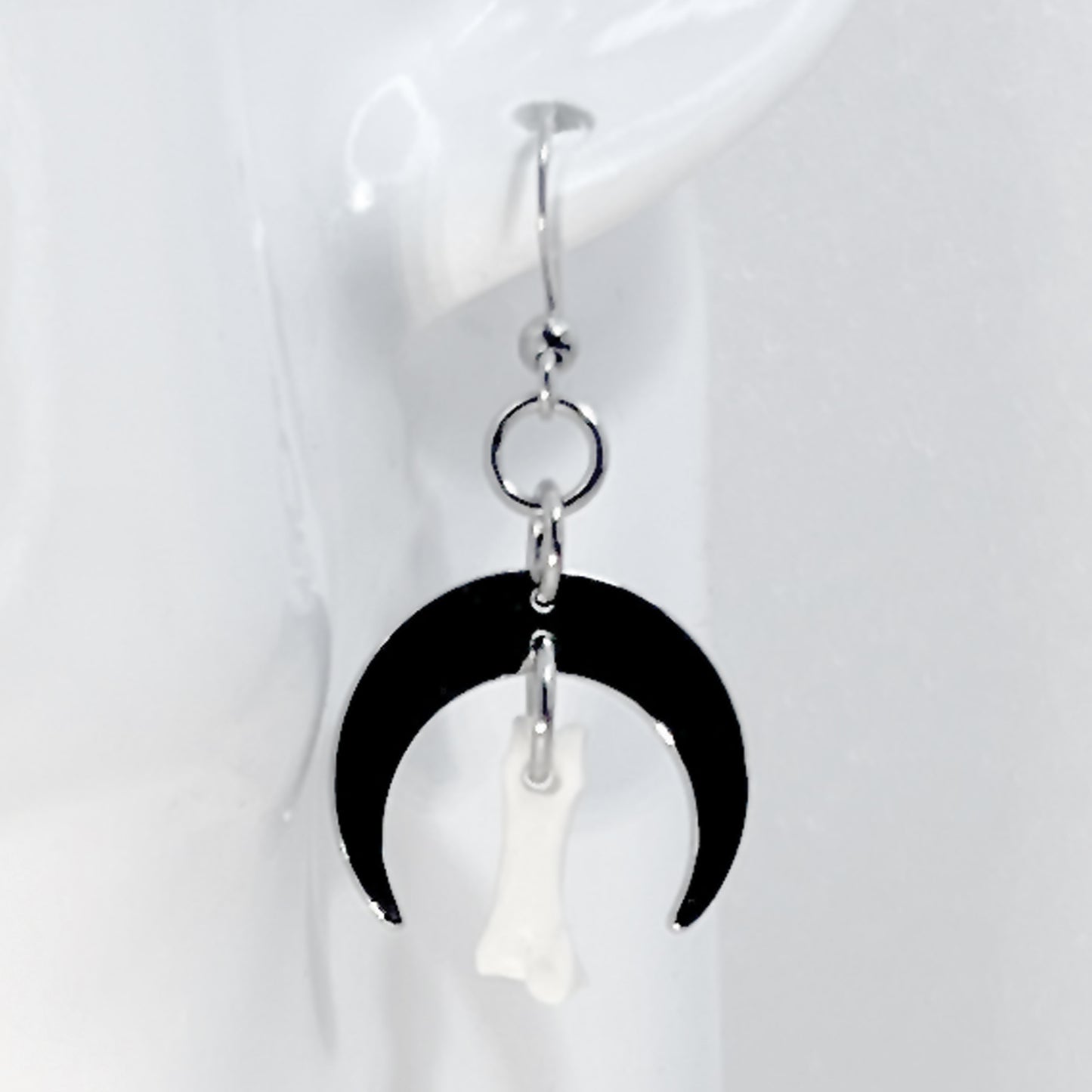 Small Silver Moon and Bone Earrings