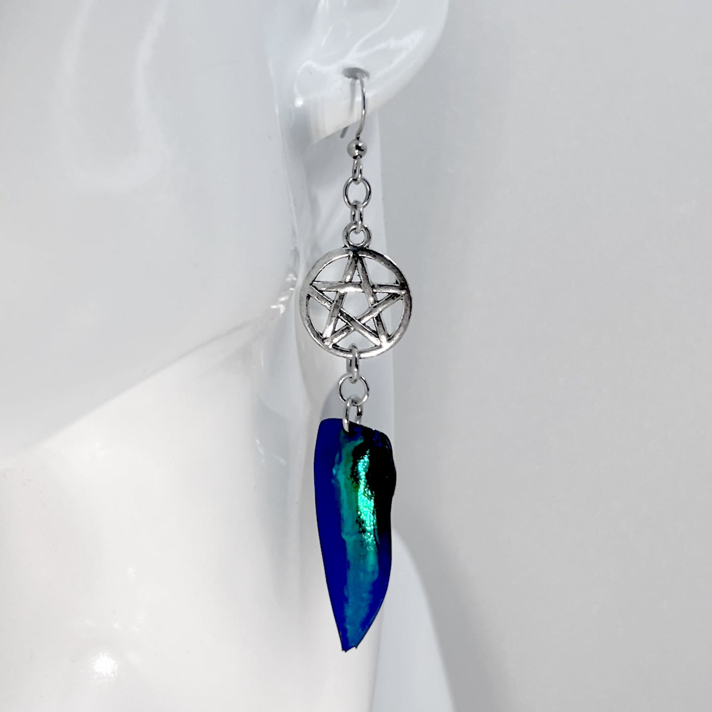 Silver Pentacle and Jewel Beetle Shell Earrings