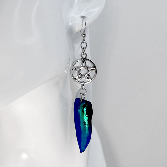 Silver Pentacle and Jewel Beetle Shell Earrings
