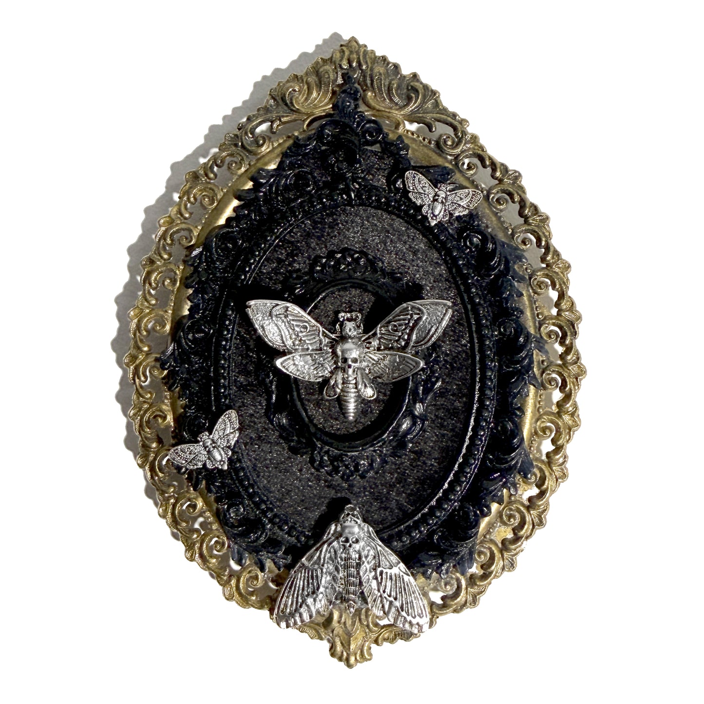 Death Head Moths on Black Velvet Antique Framed Home Deco