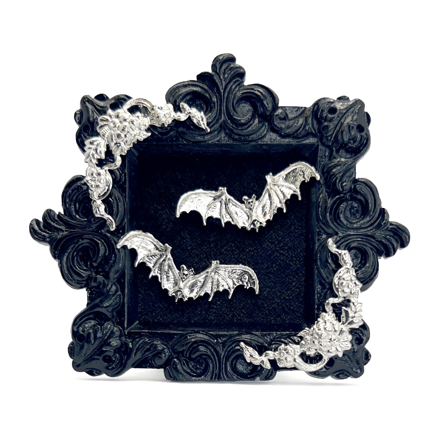 Small Black Resin Frame with Flying Silver Bats on Black Velvet Gothic Home Deco