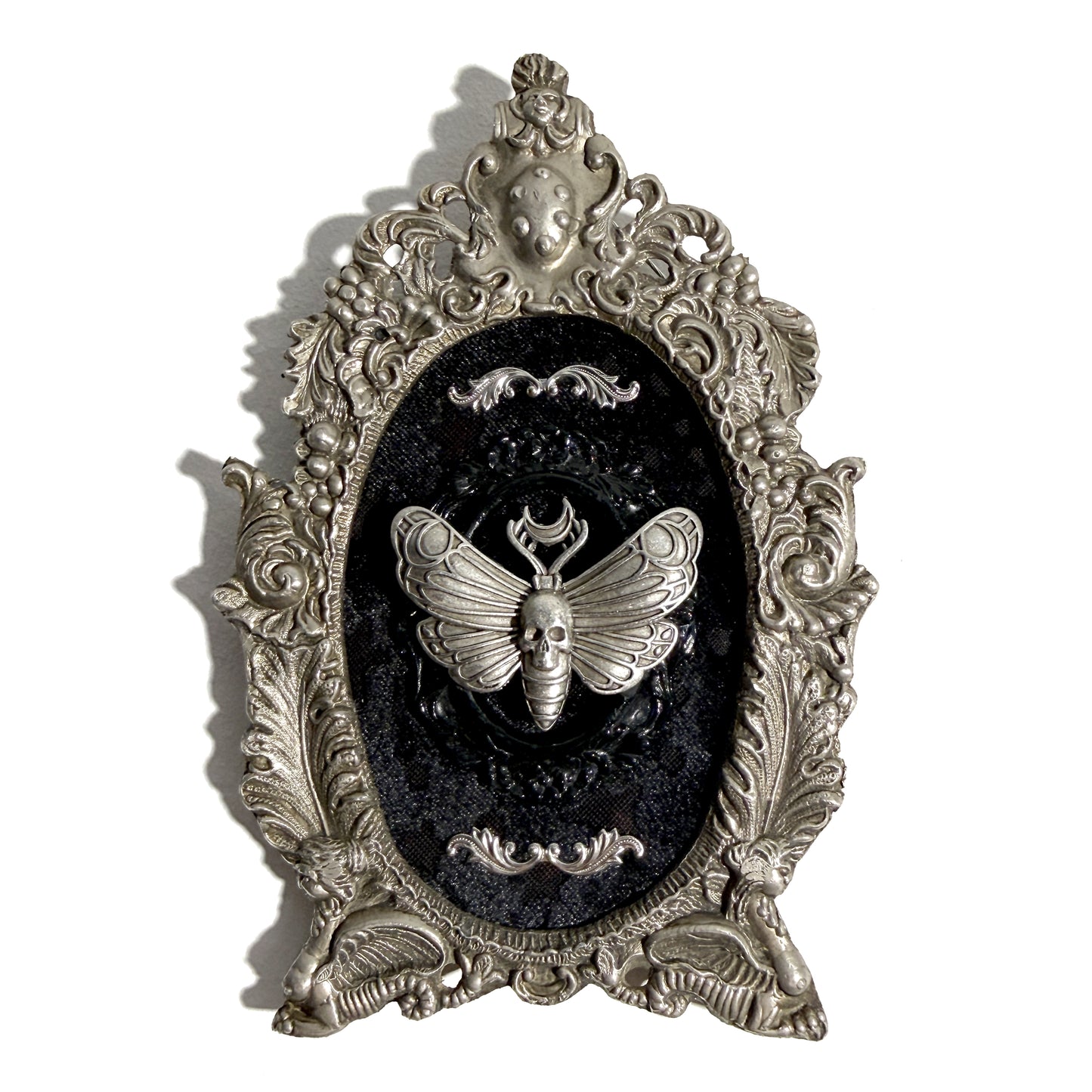 Death Head Moth on Silver Plated Antique Frame Home Deco