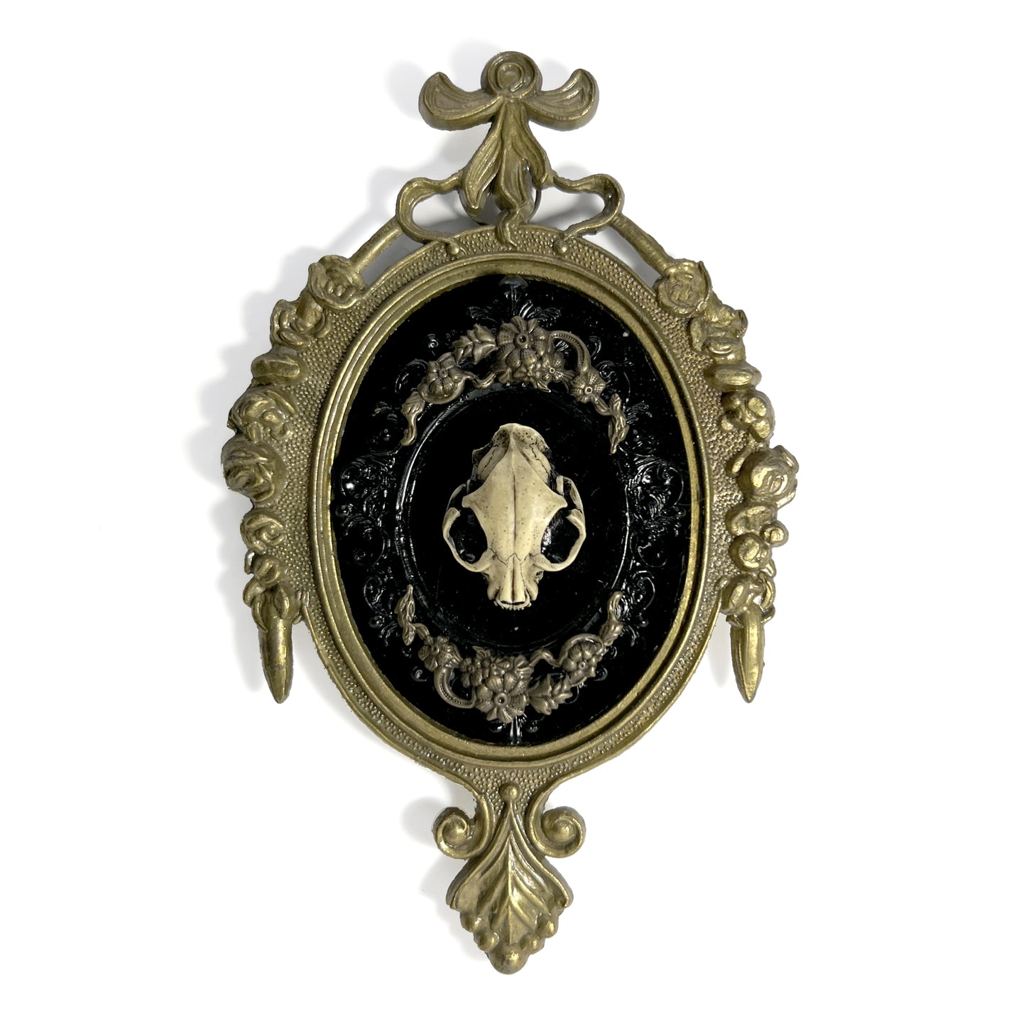 Resin Cat Skull on Black Velvet Antique Framed Home Deco