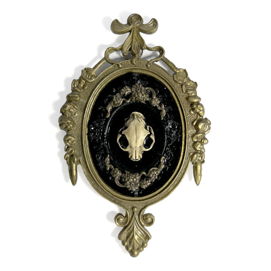 Resin Cat Skull on Black Velvet Antique Framed Home Deco