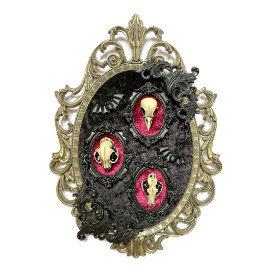 Large Antique Framed Three Resin Skull Gothic Wall Deco