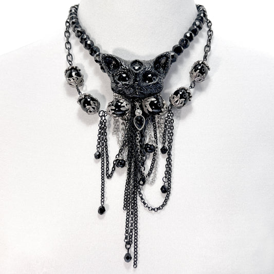 Black Cat with Beads and Chains Gothic Necklace