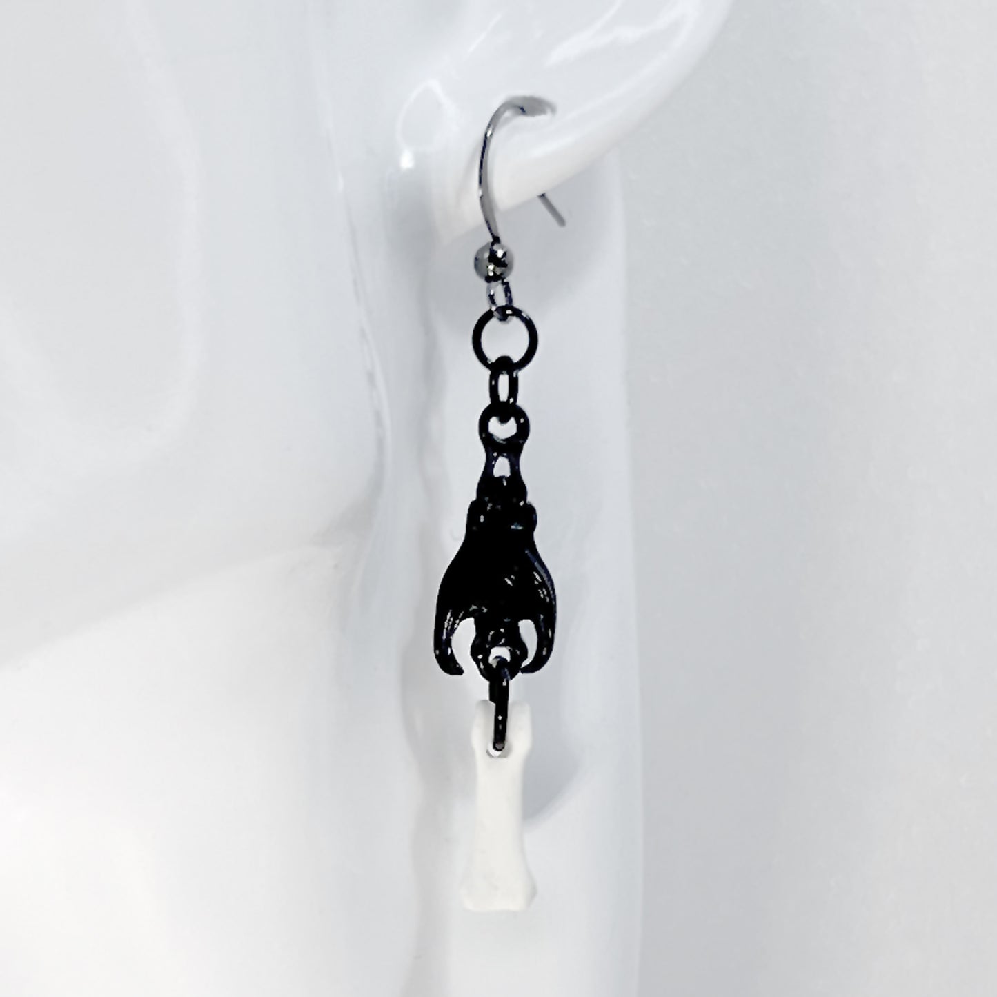 Black Hanging Bat and Bone Earrings