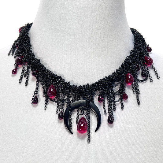 Black Woven Chain with Moon and Blood Red Czech Bead Gothic Necklace
