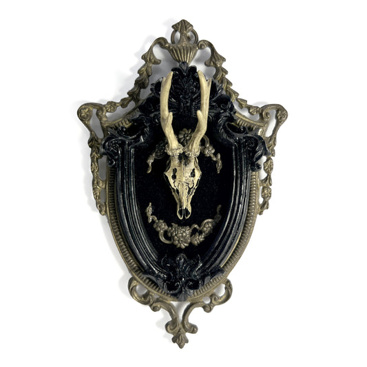 Resin Deer Skull in Unusual Shield Shape Antique Framed Home Deco