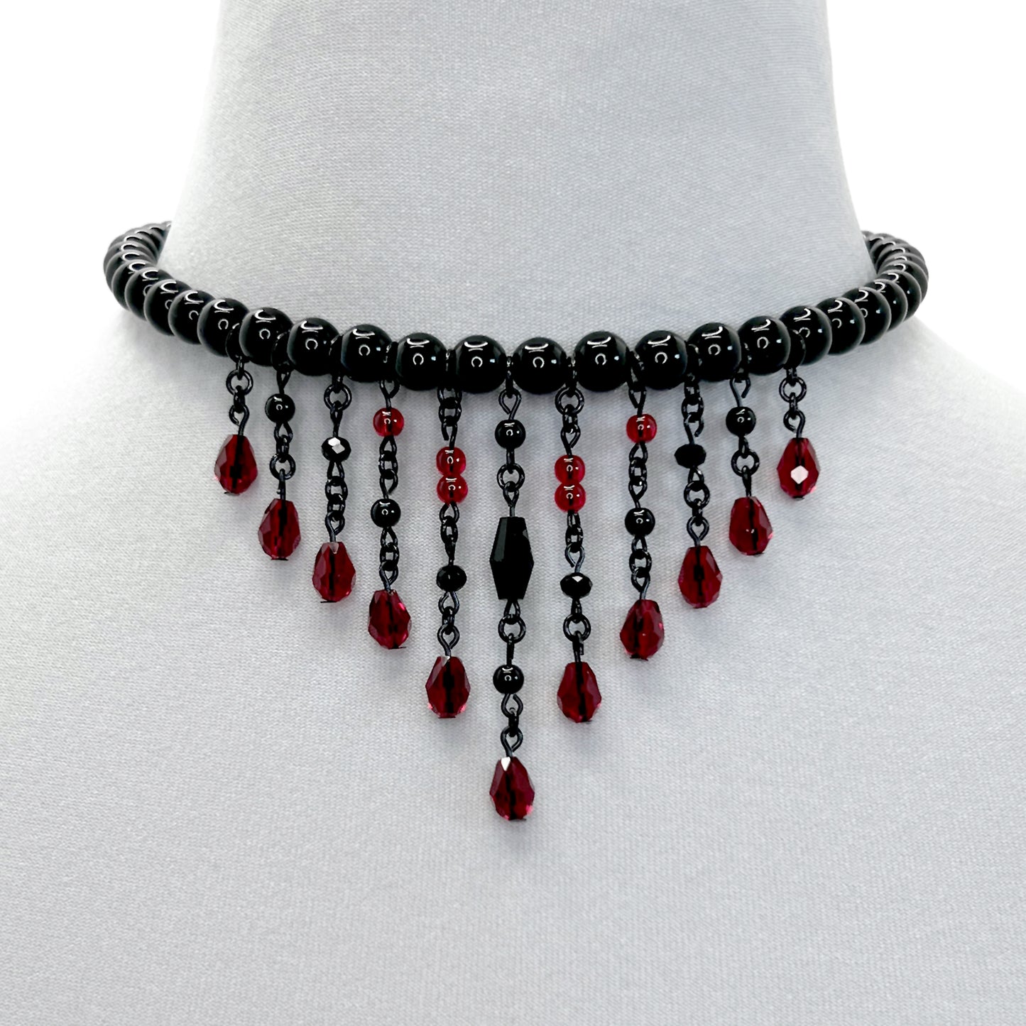 Black and Red Glass Bead Fringe Gothic Choker Necklace (Copy)