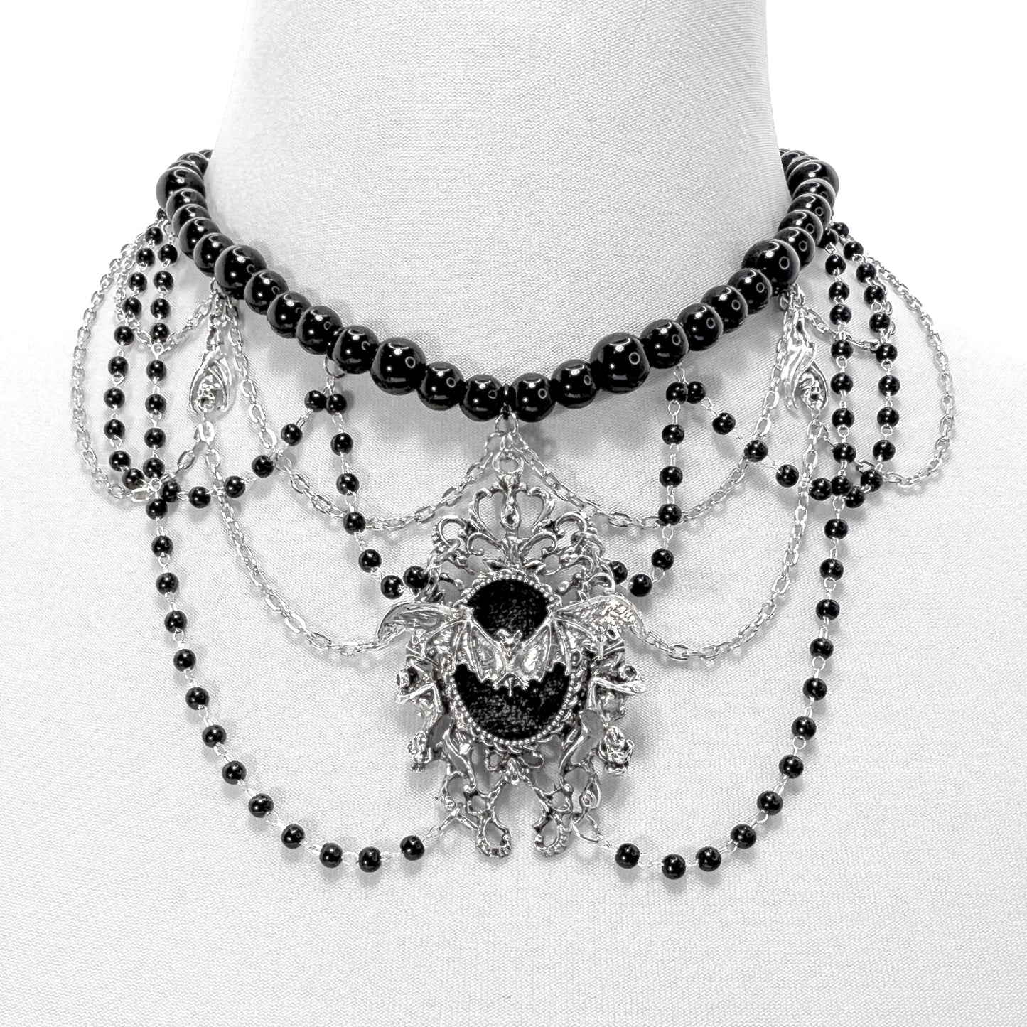 Silver and Black Beaded Gothic Choker Necklace with Bats