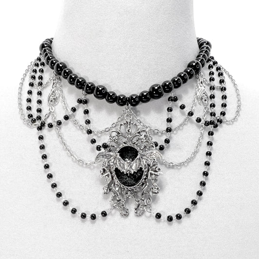Silver and Black Beaded Gothic Choker Necklace with Bats