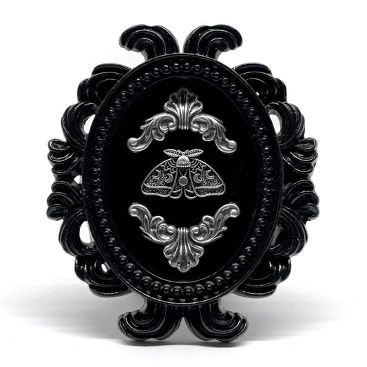 Small Black Resin Oval Frame with Silver Small Moth on Black Velvet Gothic Home Deco