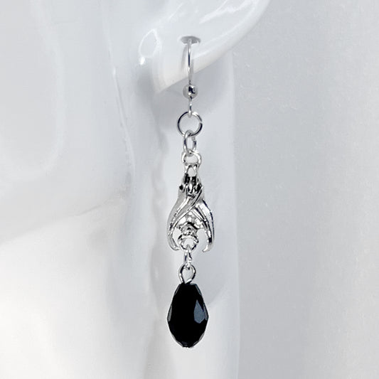 Silver Hanging Bat and Teardrop Black Bead Earrings