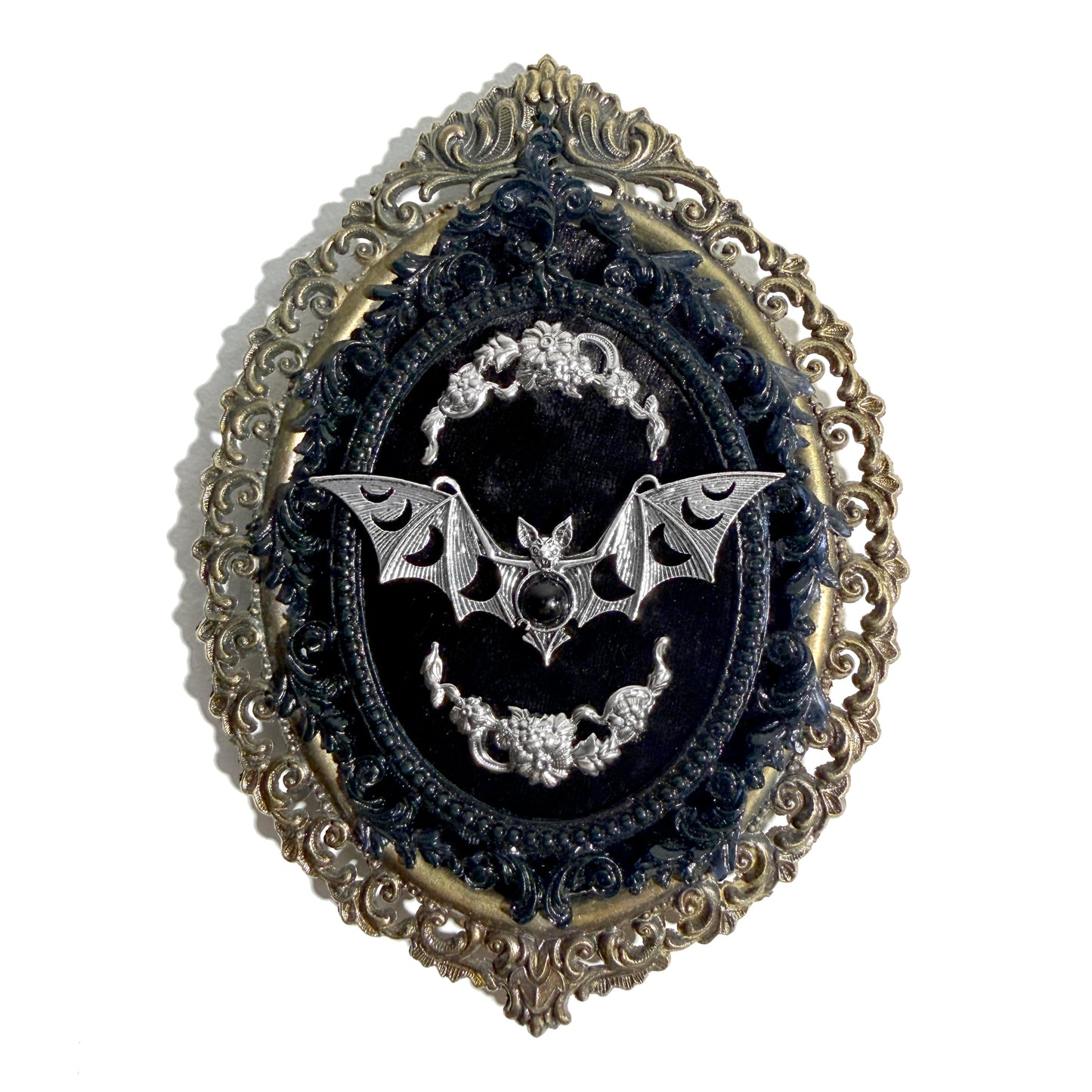 Silver Moon Phases Bat on Black Velvet Antique Framed Home Deco