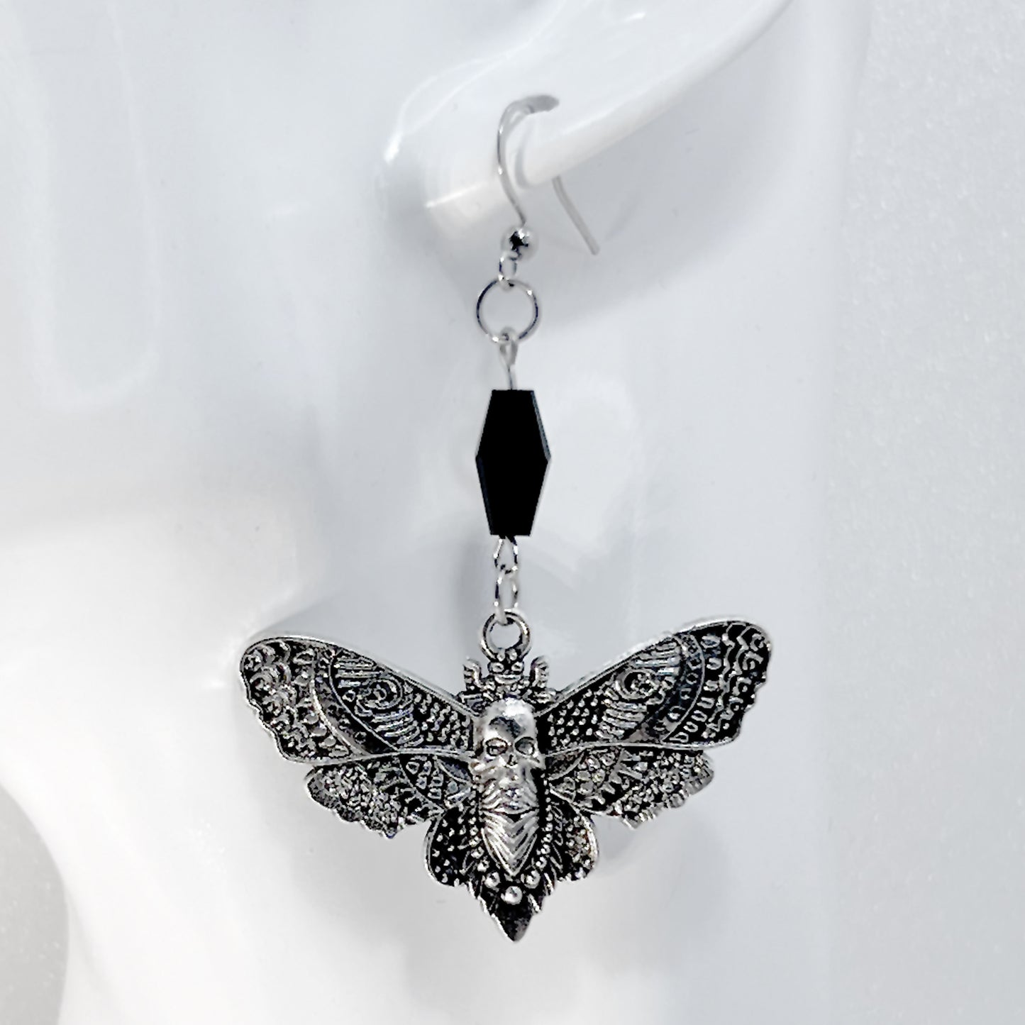Silver Death Head Moth and Bead Earrings