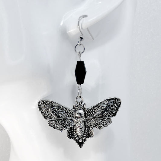 Silver Death Head Moth and Bead Earrings