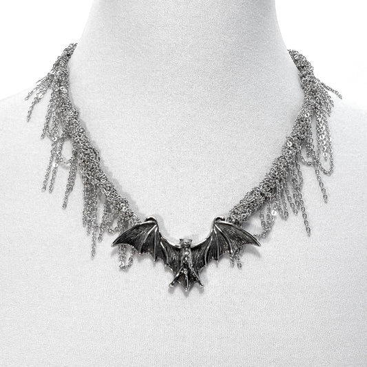 Silver Woven Chain with Large Bat Gothic Necklace