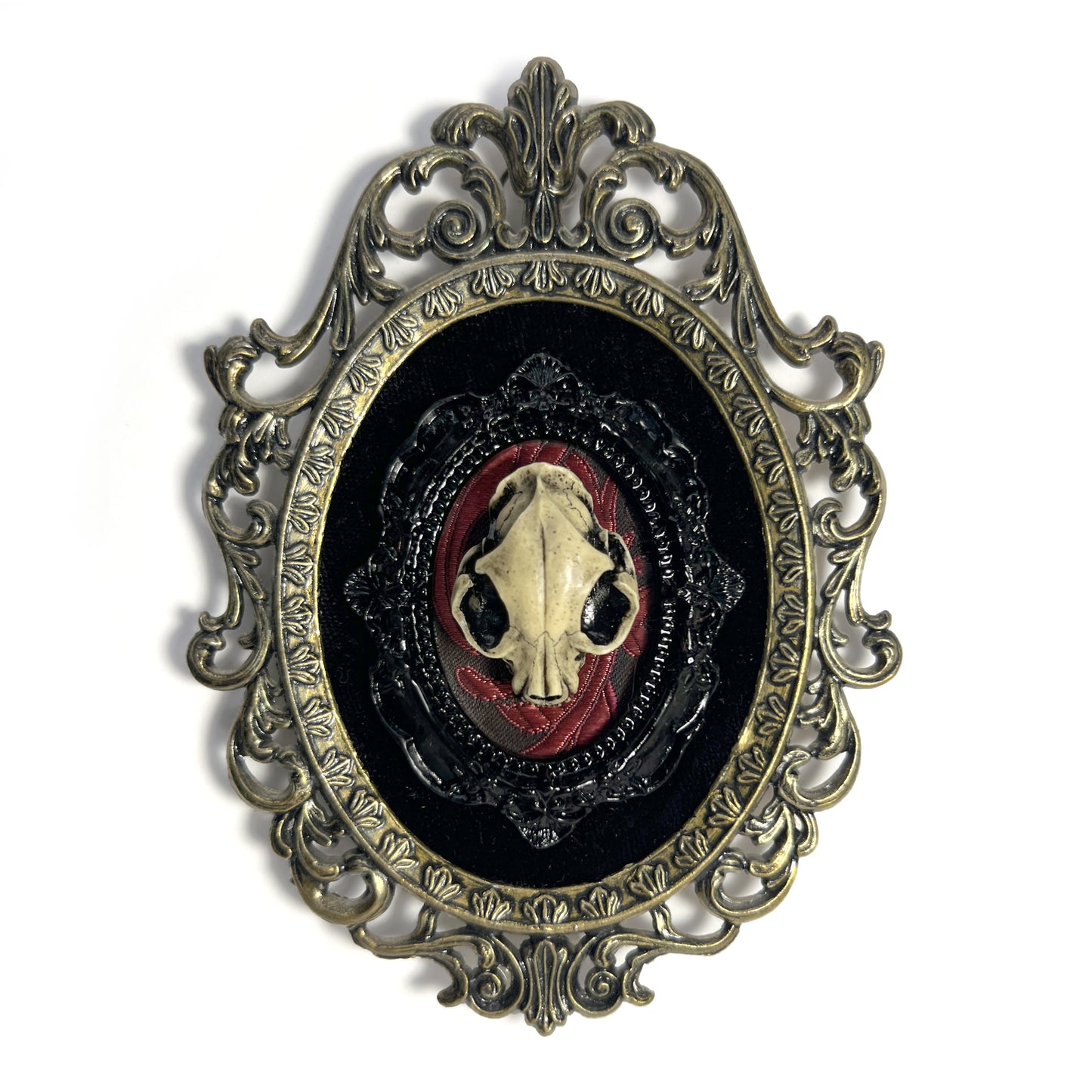 Resin Cat Skull on Black & Red Antique Framed Home Deco