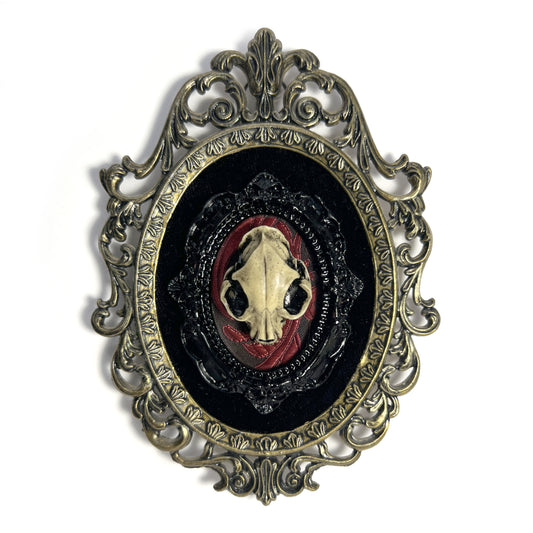 Resin Cat Skull on Black & Red Antique Framed Home Deco