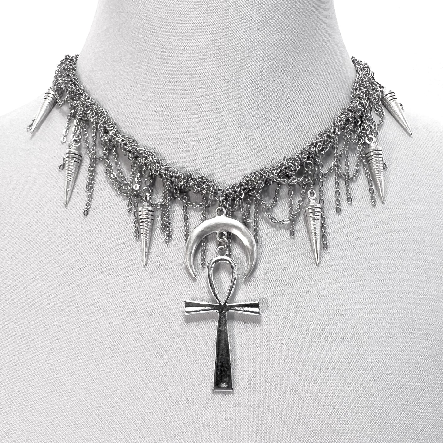 Silver Woven Chain with Ankh Gothic Necklace