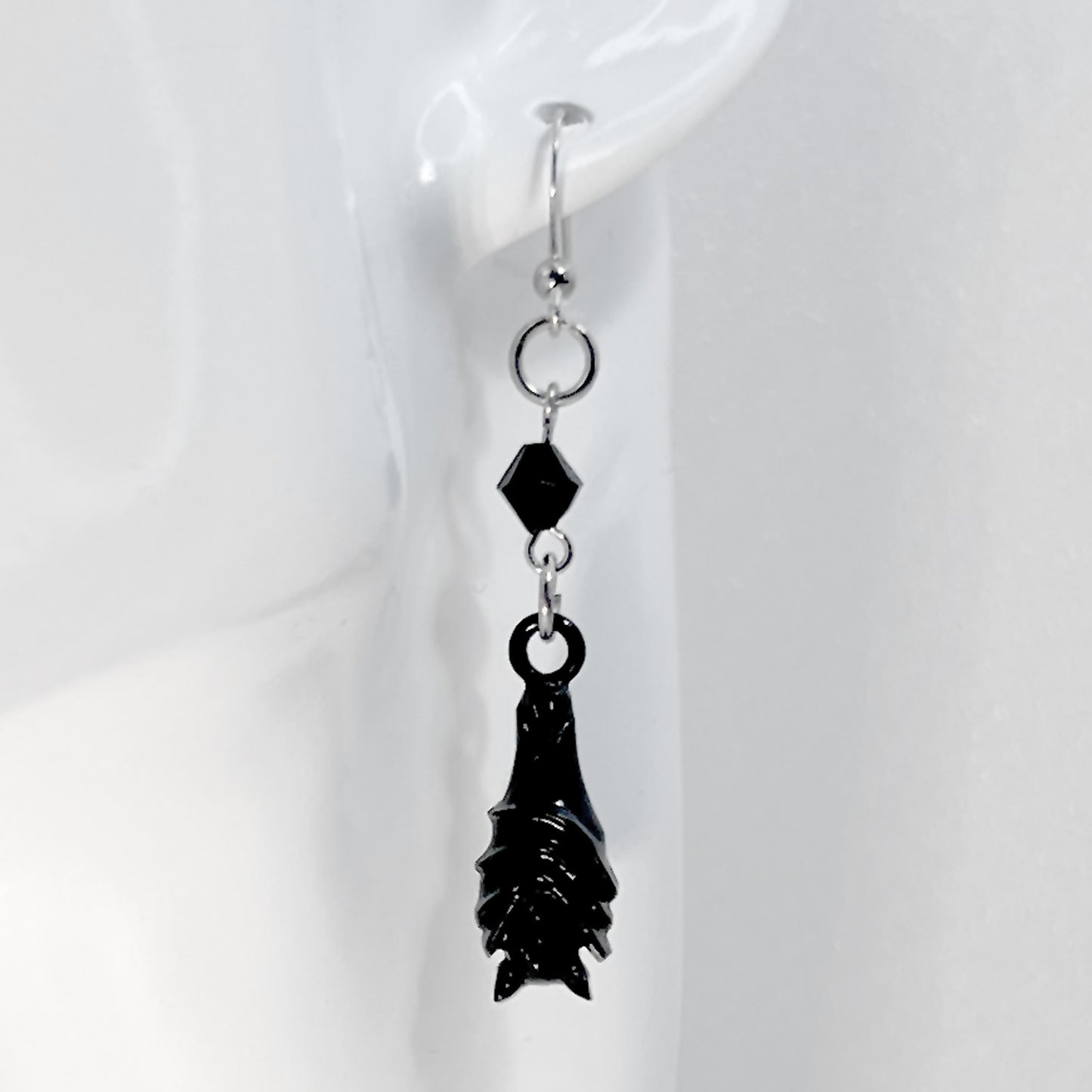 Black Hanging Bat and Bead Earrings