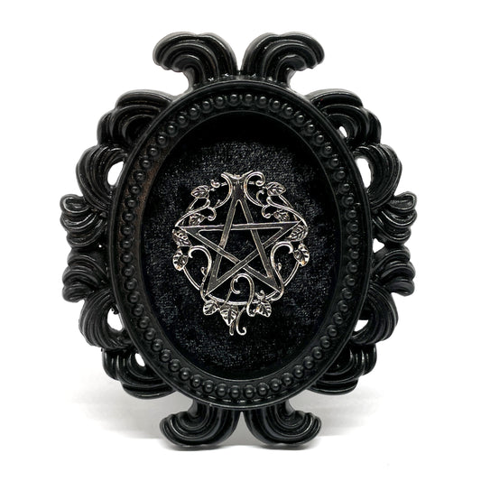 Small Black Resin Oval Frame with Silver Leafy Pentacle on Black Velvet Gothic Home Deco
