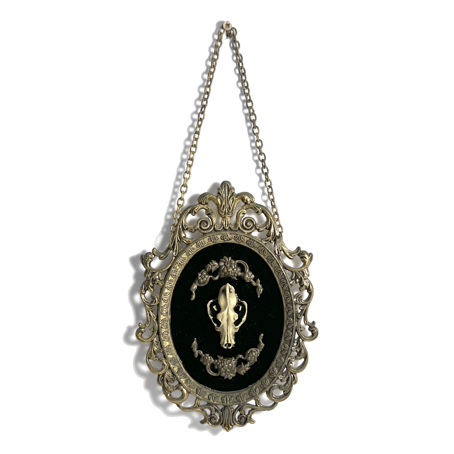 Resin Wolf Skull on Black Velvet Antique Framed Home Deco