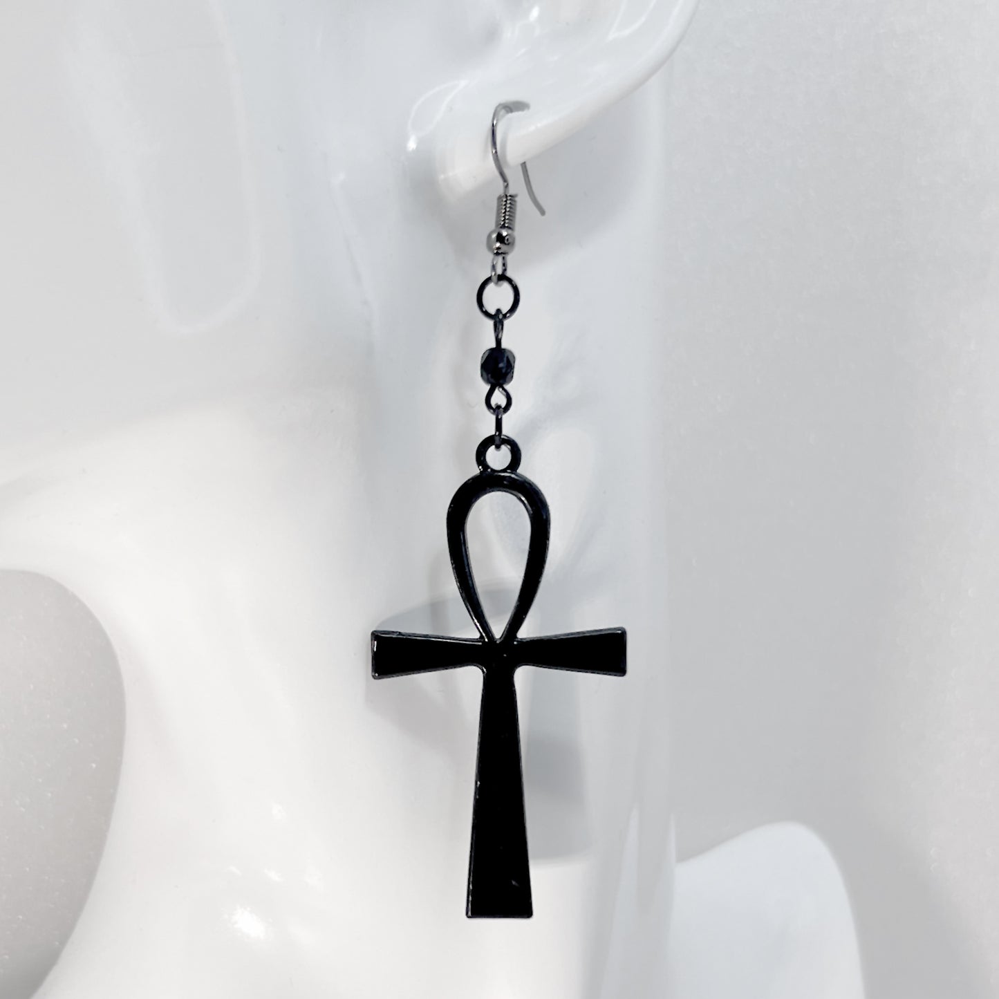 Large Black Ankh and Black Bead Earrings