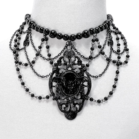 Black Beaded Gothic Necklace with Bats