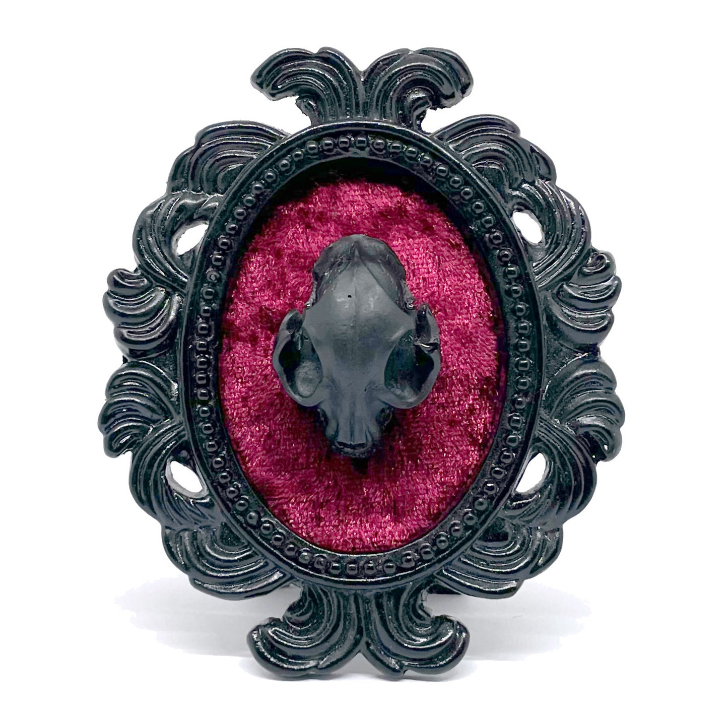 Small Black Resin Oval Frame with Black Resin Cat Skull on Burgundy Velvet Gothic Home Deco