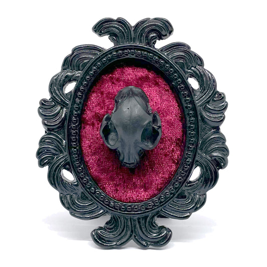 Small Black Resin Oval Frame with Black Resin Cat Skull on Burgundy Velvet Gothic Home Deco