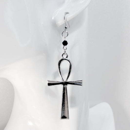 Large Silver Ankh and Black Bead Earrings
