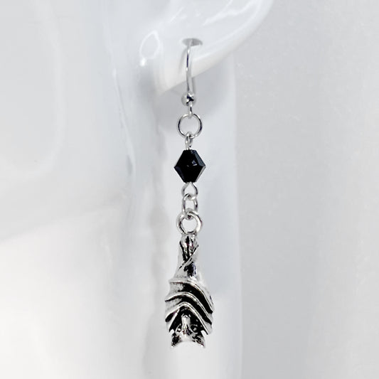 Silver Hanging Bat and Bead Earrings