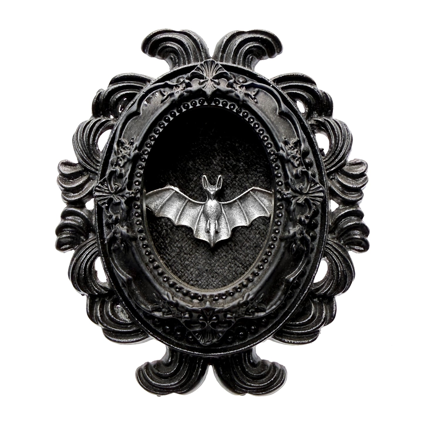 Small Black Resin Oval Frame with Flying Bat on Black Velvet Gothic Home Deco