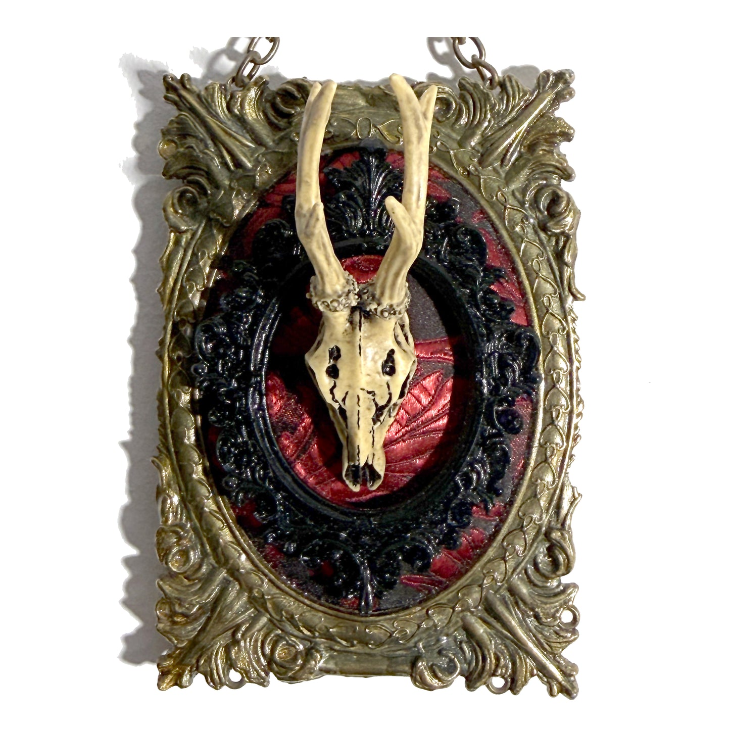 Resin Deer Skull on Red and Black Antique Framed Home Deco