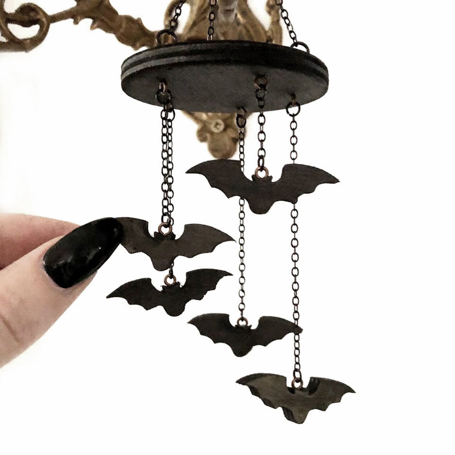 Tiny Stained Black Wood Bat Mobile with 5 Flying Bats