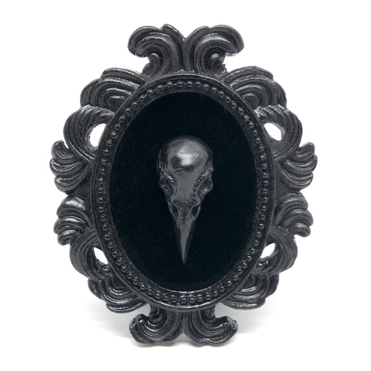 Small Black Resin Oval Frame with Black Resin Bird Skull on Black Velvet Gothic Home Deco