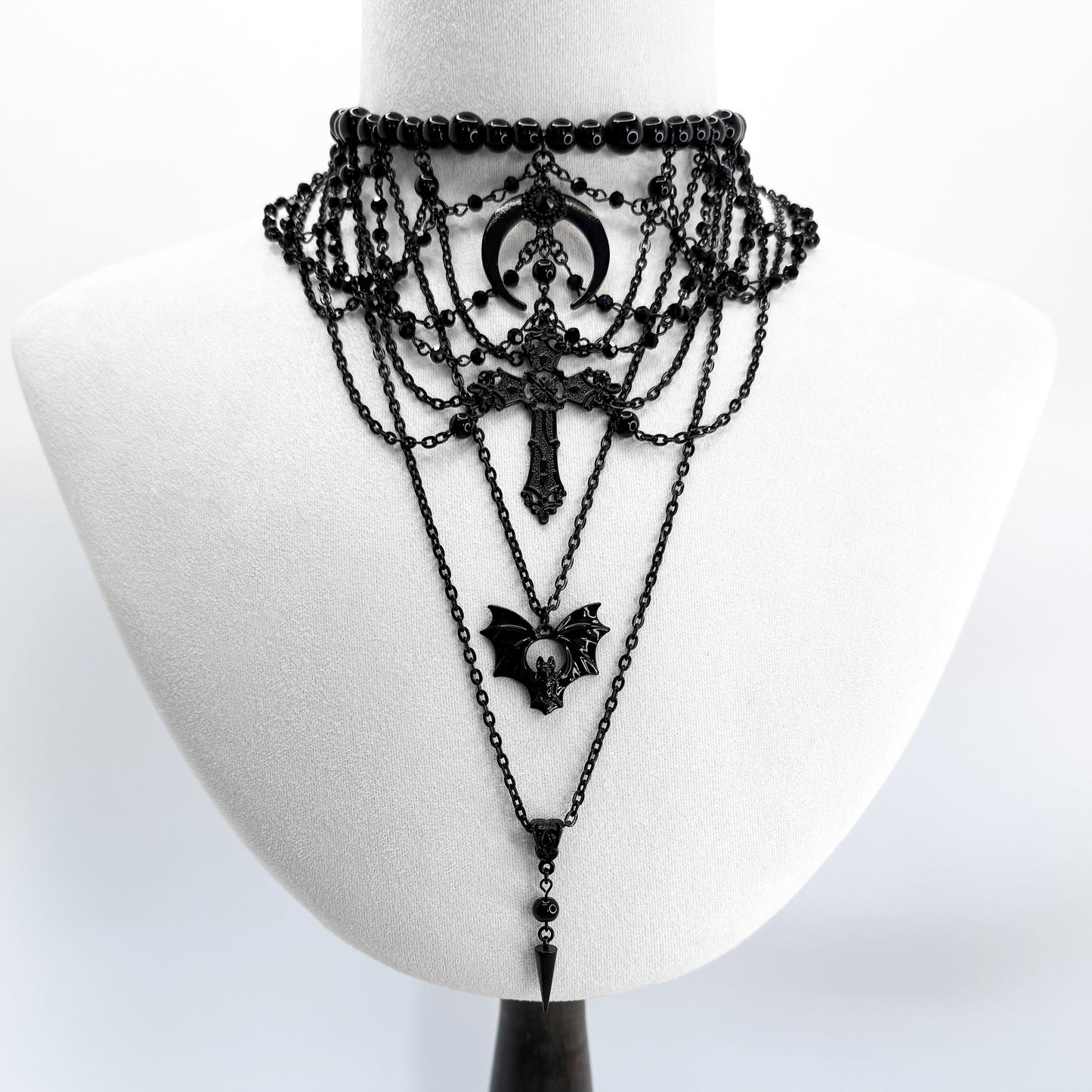 Black Multi-Strand Beaded Gothic Necklace with 4 Pendants