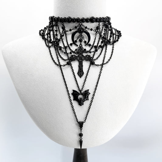 Black Multi-Strand Beaded Gothic Necklace with 4 Pendants