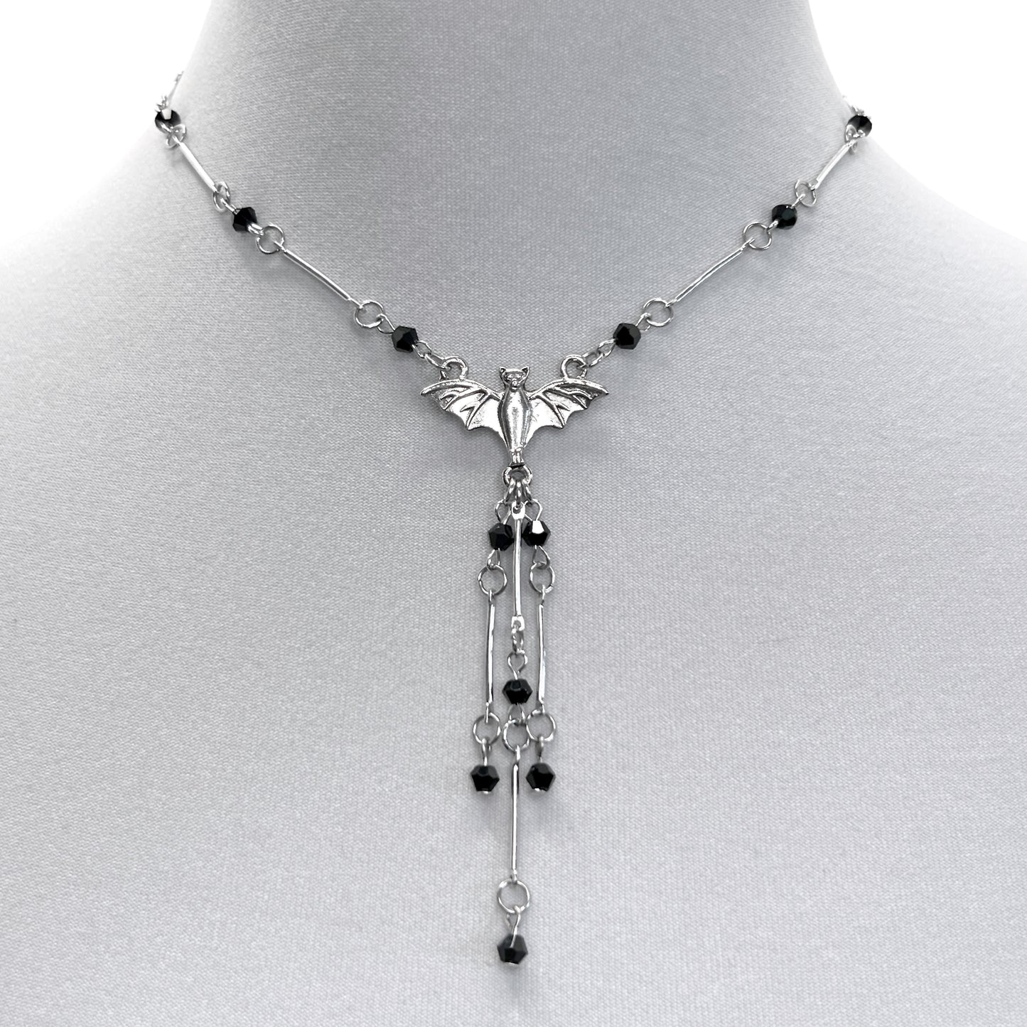 Silver Bat and Black Beads Necklace