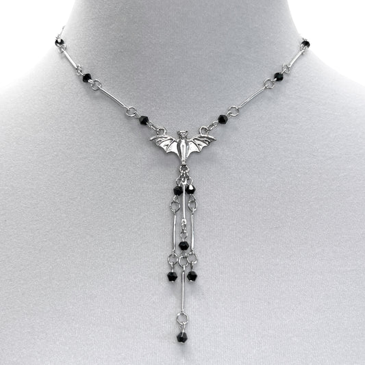 Silver Bat and Black Beads Necklace